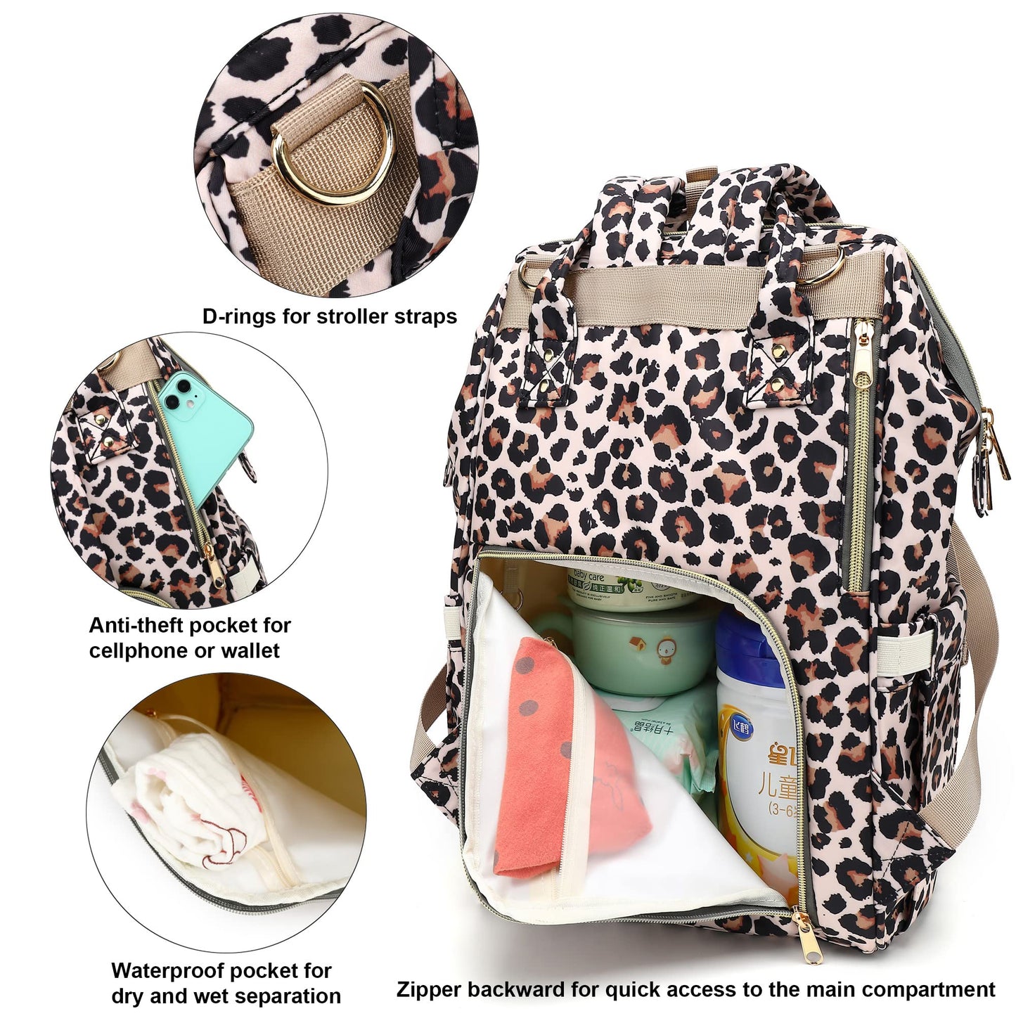 Xunteny Leopard Baby Diaper Bag Backpack For Girls Boys, Waterproof Large Maternity Nappy Bags For Mom