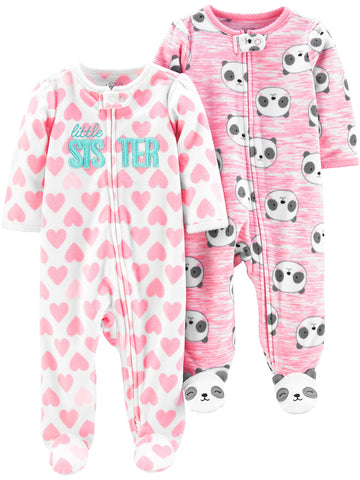 Simple Joys By Carter'S Baby Girls' Fleece Footed Sleep And Play, Pack Of 2, Pink Heather Panda/White Hearts, Preemie