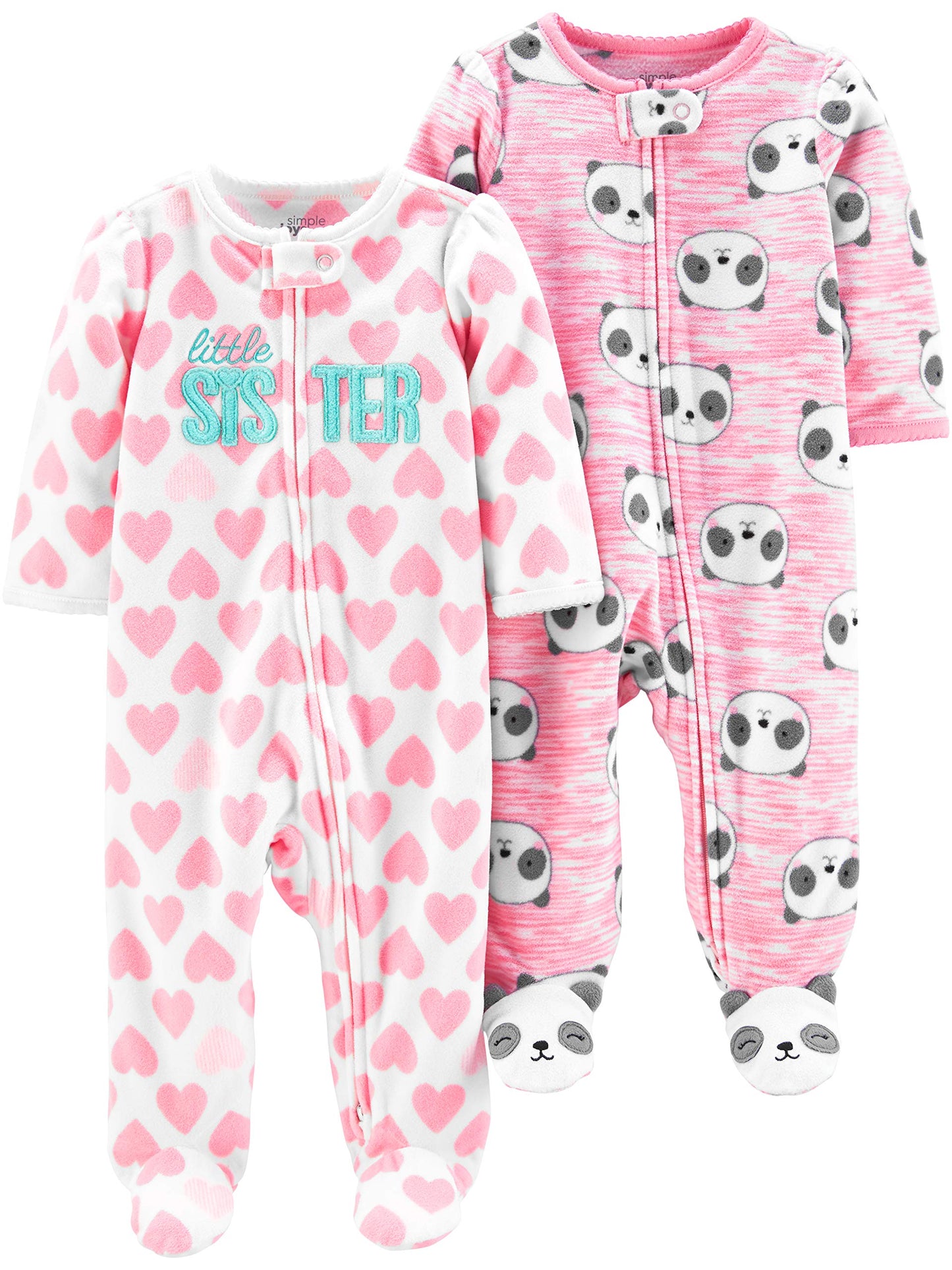 Simple Joys By Carter'S Baby Girls' Fleece Footed Sleep And Play, Pack Of 2, Pink Heather Panda/White Hearts, Newborn