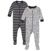 Gerber Baby Boys' 2-Pack Footed Pajamas, Grey Dinos Black Stripe Grey, 6 Months