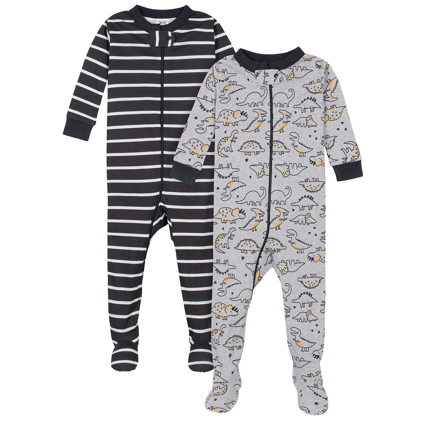 Gerber Baby Boys' 2-Pack Footed Pajamas, Grey Dinos Black Stripe Grey, 6 Months