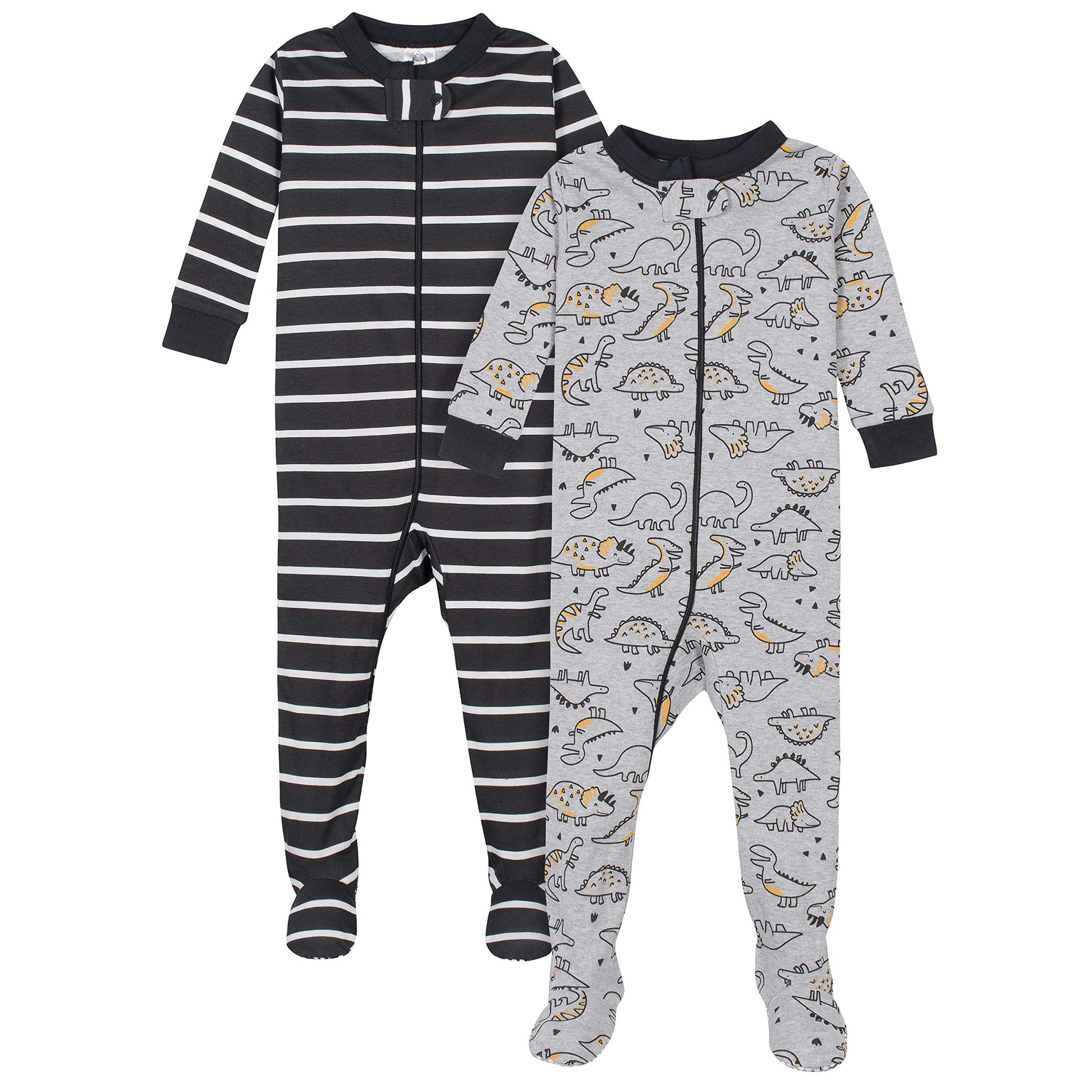 Gerber Baby Boys' 2-Pack Footed Pajamas, Grey Dinos Black Stripe Grey, 6 Months