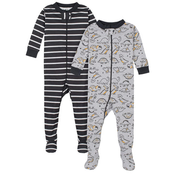 Gerber Baby Boys' 2-Pack Footed Pajamas, Grey Dinos Black Stripe Grey, 6 Months