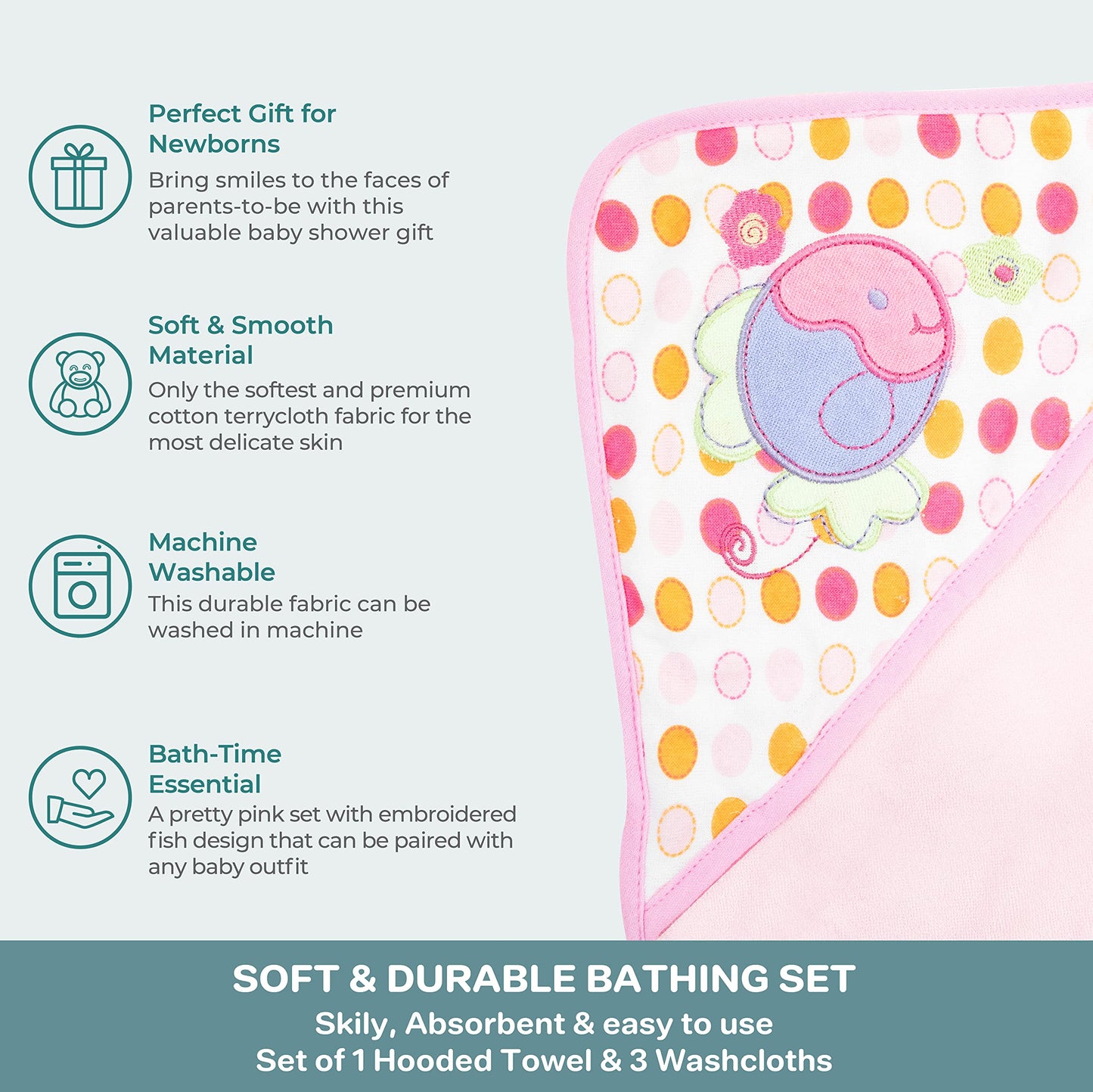 Spasilk Baby Bath Hooded Terry Towel With 3 Washcloths, Baby Bath Essentials, One Size, Pink Fish