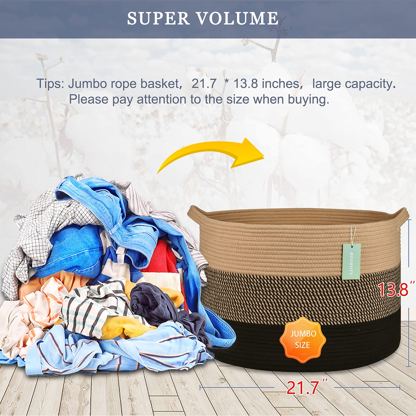 Bosroty Extra Large Blanket Basket 87L, Laundry Hamper, Baby Nursery Hamper, Large Laundry Basket For Girls Boys, Cotton Rope Ba