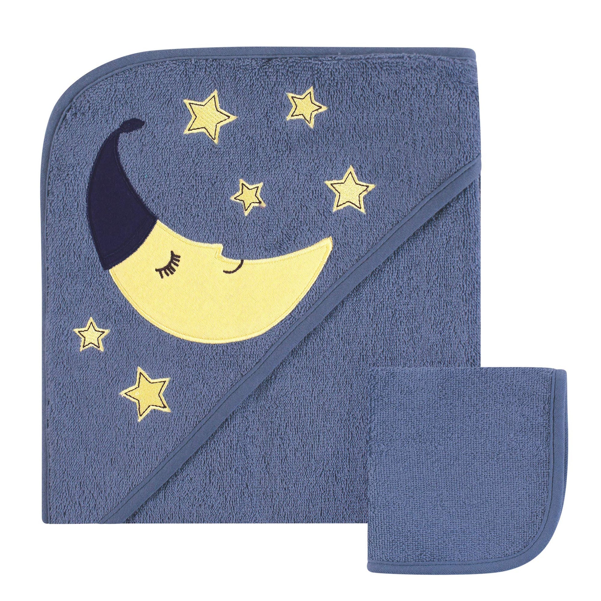 Hudson Baby Unisex Baby Cotton Hooded Towel And Washcloth, Moon, One Size