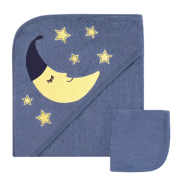 Hudson Baby Unisex Baby Cotton Hooded Towel And Washcloth, Moon, One Size