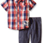 Petit Lem Baby Boys' 2 Piece Set Short Sleeve Shirt And Pant, B Blue/Red Plaid, 3 Months