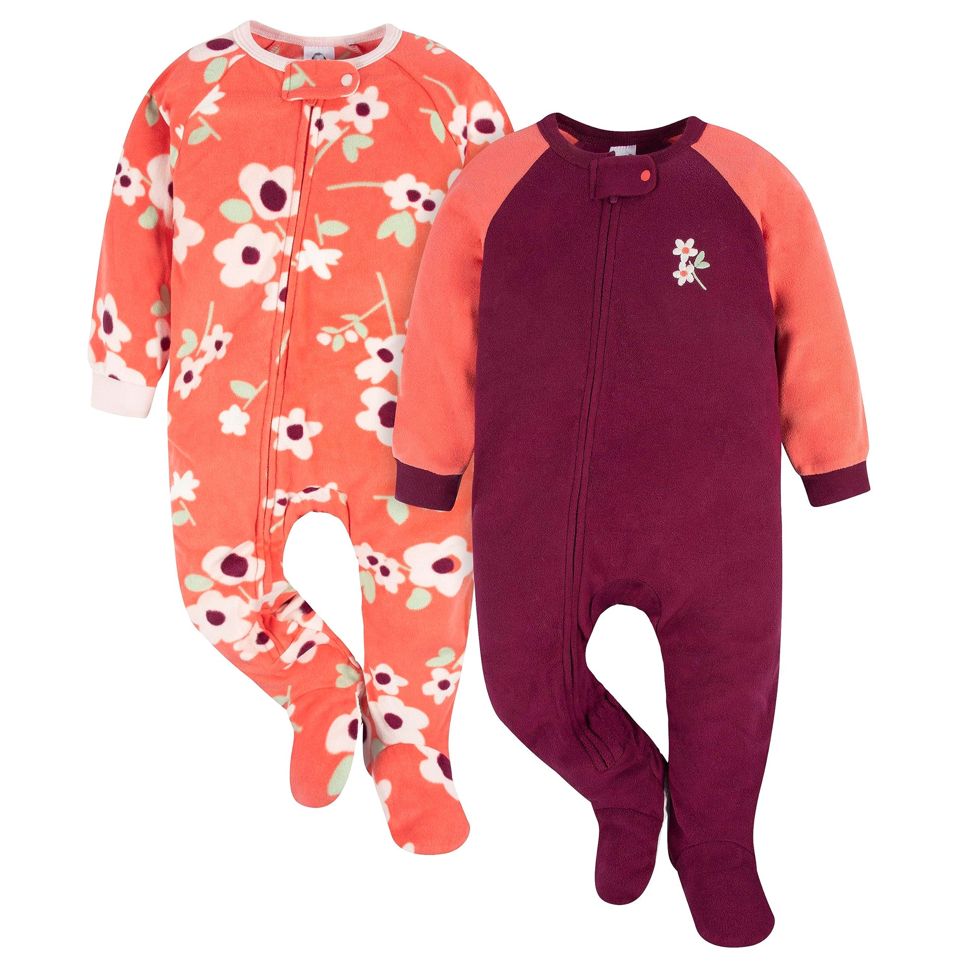 Gerber Baby Girls Flame Resistant Fleece Footed Pajamas 2-Pack, Purple Flower Toss, 6-9 Months