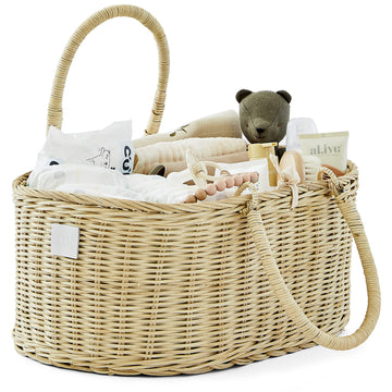 Bebe Bask Baby Diaper Caddy Organizer - Handmade Rattan - Luxury Diaper Caddy Basket - Cute Diaper Caddy For Baby Girl & Diaper