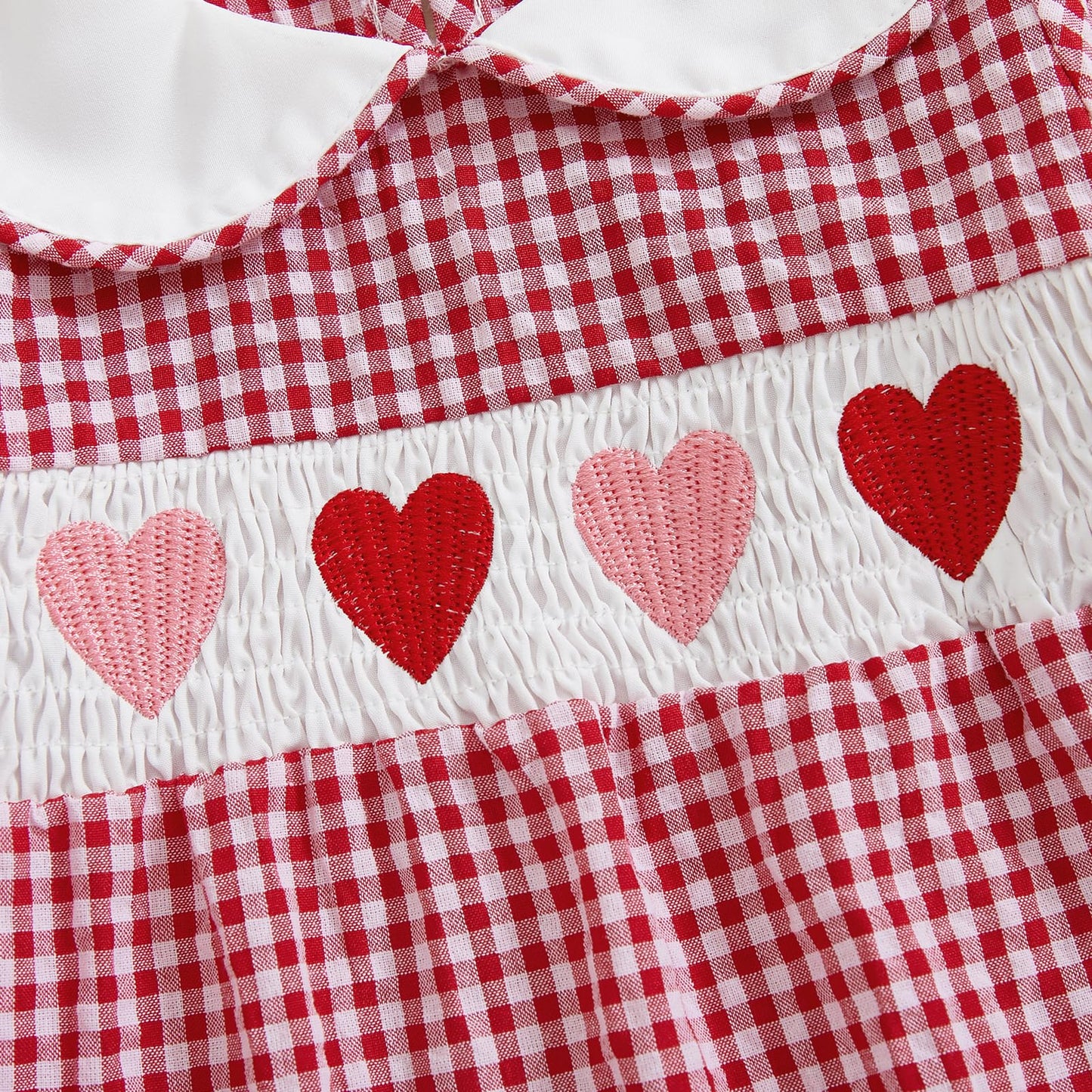 Newborn Baby Girls Valentines Day Clothes Long Sleeve Doll Collar Smocked Heart Embroidery Plaid Bubble Romper Outfit (Red, 6-12