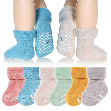 Eyean Baby Wool Grip Sock Soft Winter Warm Thick Non Slip Toddler Boy Girls Crew Socks For Children 6 Pairs (Solid Color-A, 0-12