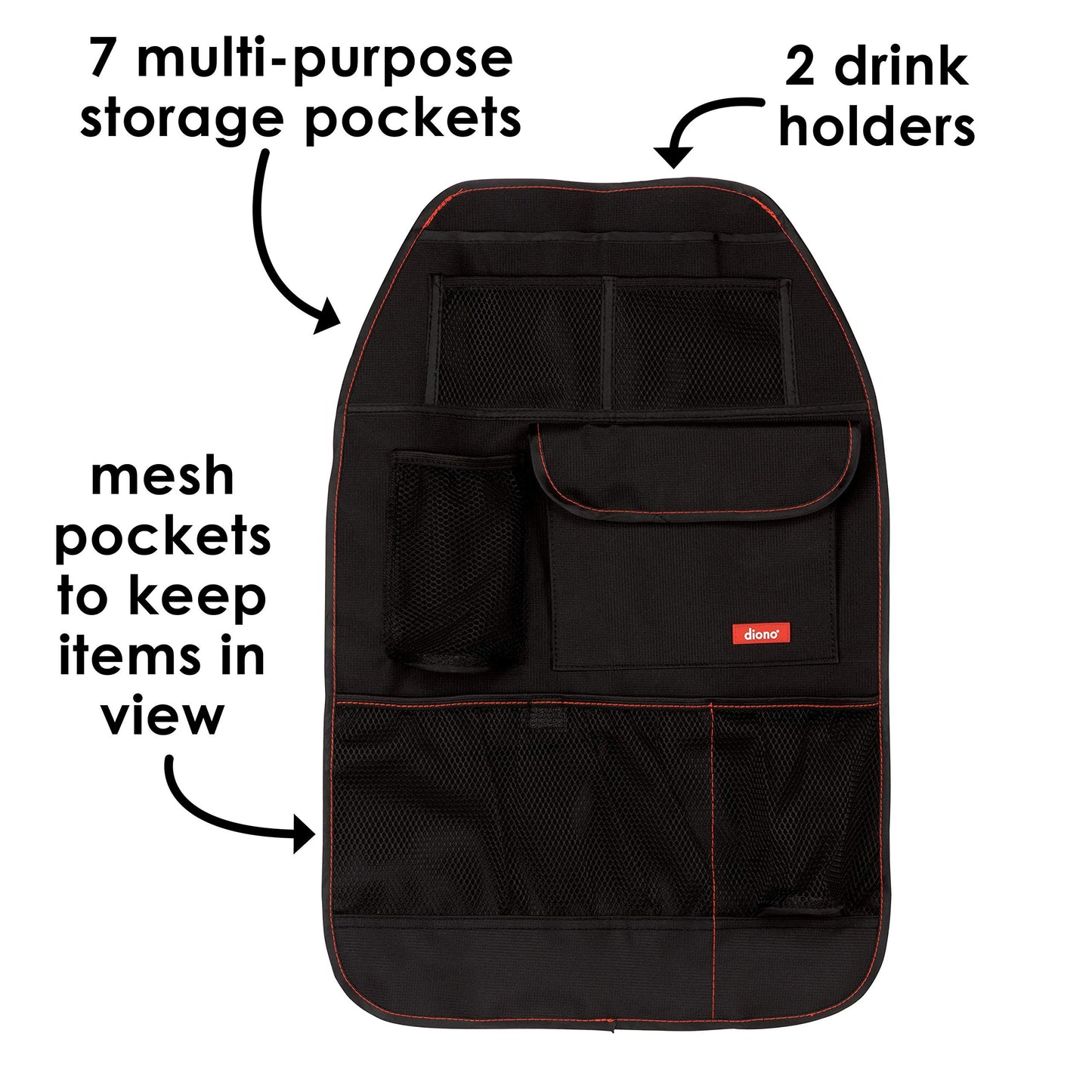 Diono Stow 'N Go Car Back Seat Organizer For Kids, Kick Mat Back Seat Protector, With 7 Storage Pockets, 2 Drinks Holders, Water