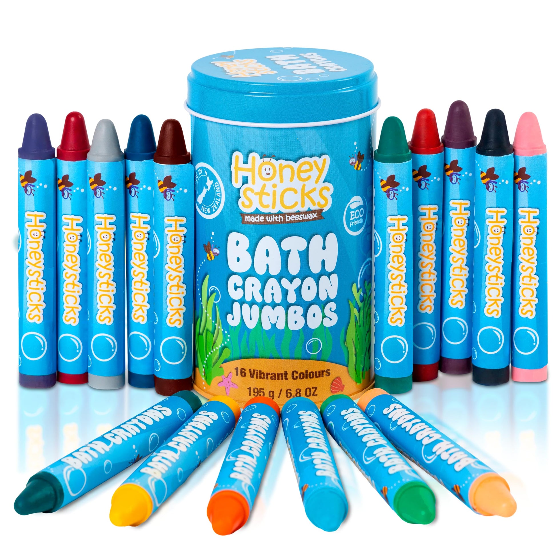 Honeysticks Jumbo Bath Crayons Non Toxic (16 Pack) for Toddlers 1-3 and Kids 4-8, Natural Beeswax Crayons, Food-Grade Colors, Fr