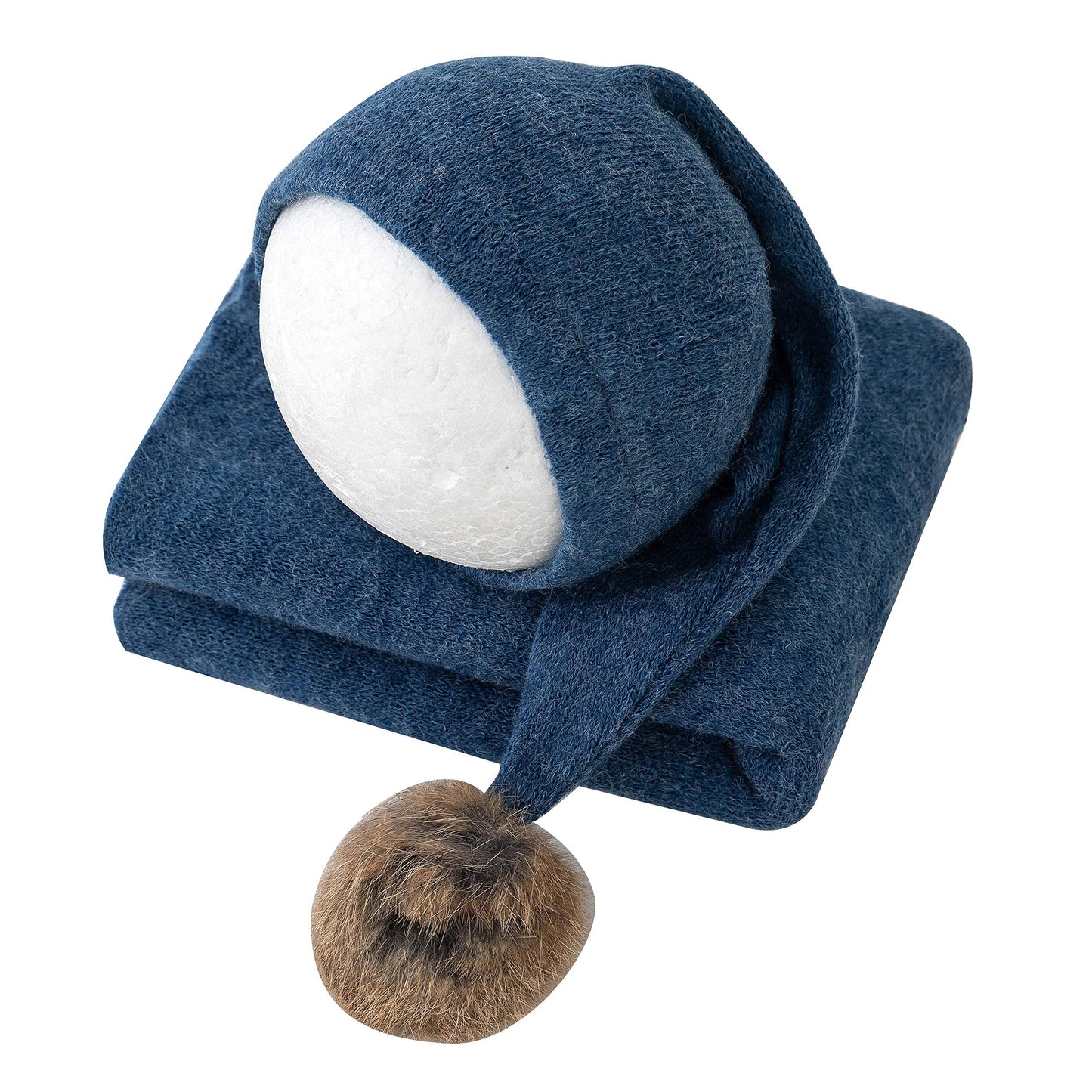 Fashion Cute Newborn Baby Photography Props Outfits Boy Girl Knitted Long Tail Hat With Wrap Blanket Set (Blue)