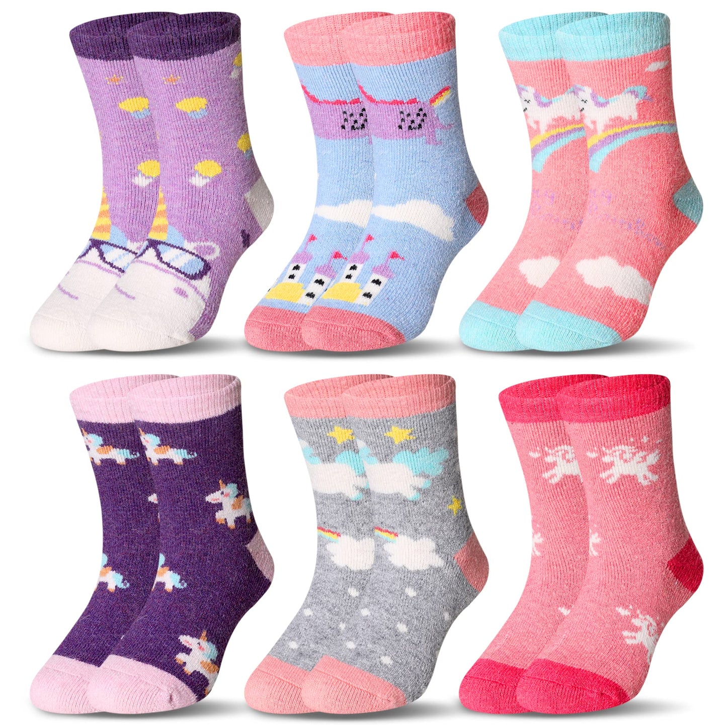 Eocom 6 Pairs Children'S Winter Warm Wool Animal Crew Socks Kids Boys Girls Socks (Unicorn C, 8-12 Years)