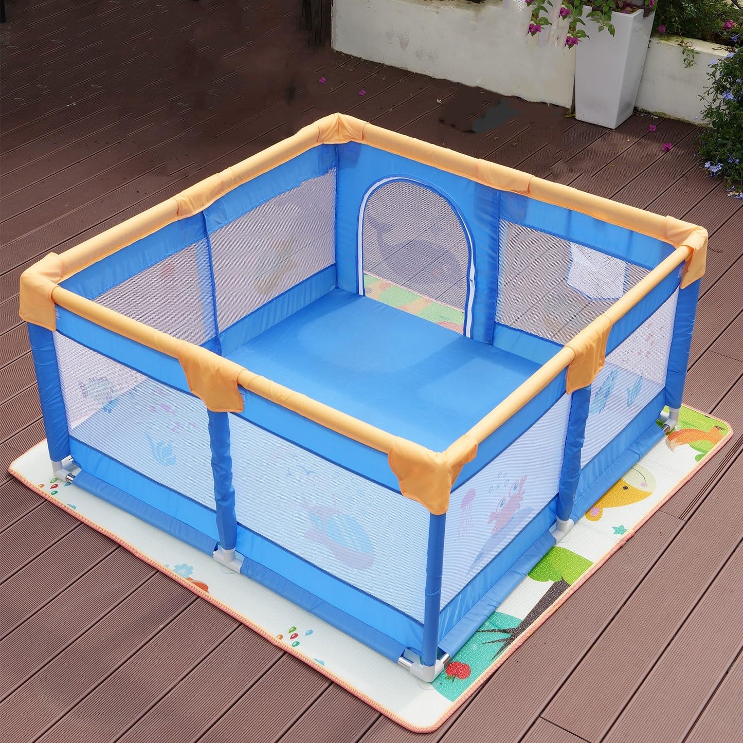 Zingup 120X120 Cm Playpen For Baby Up To 3 Years With Safety Lock & AntiFall Grasp Rings, And Suction Cup (NonFoldable)  Blue