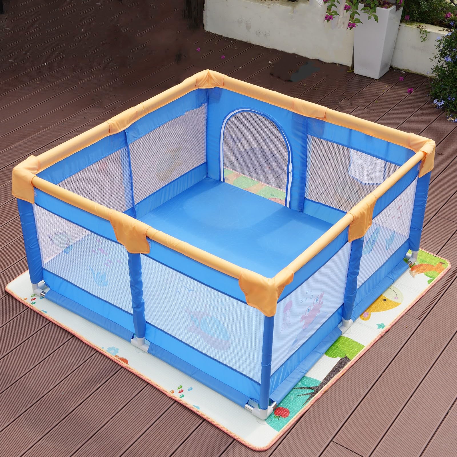 Zingup 120X120 Cm Playpen For Baby Up To 3 Years With Safety Lock & AntiFall Grasp Rings, And Suction Cup (NonFoldable)  Blue