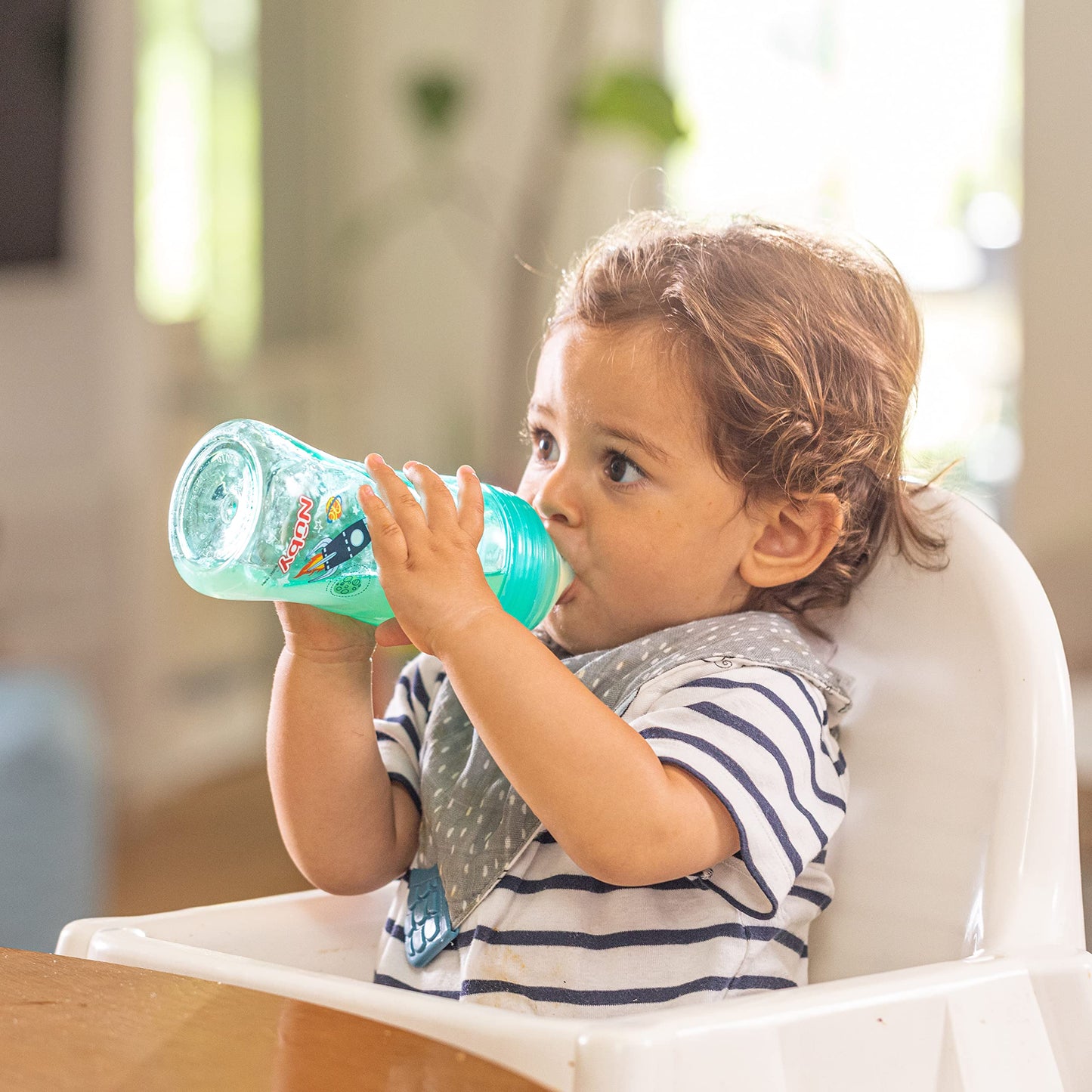 Nuby Thirsty Kids No Spill Sip-It Sport Tritan Travel Cup With Soft Silicone Spout And Hygiene Cover, 12 Oz, Rocket Ship