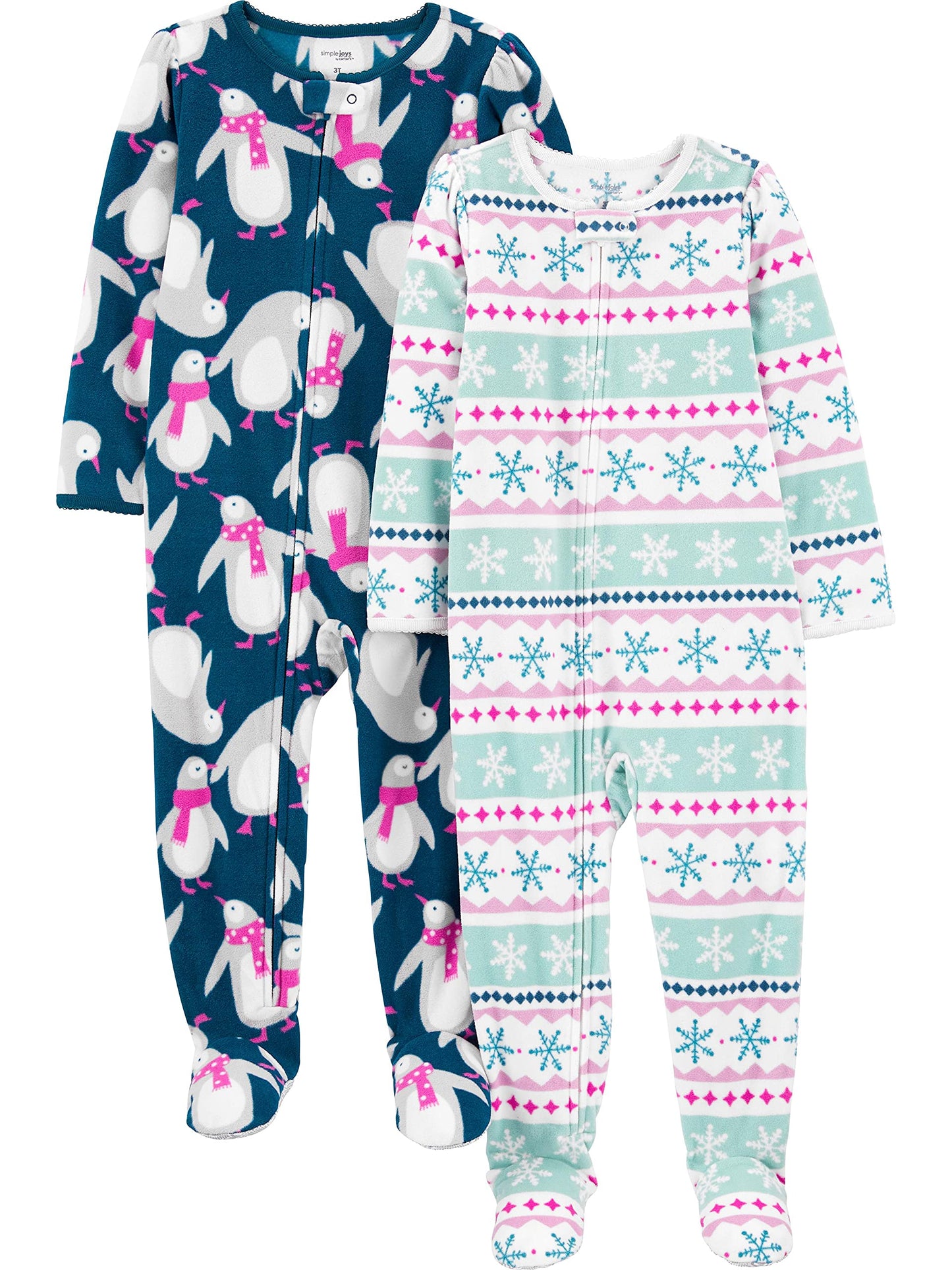 Simple Joys By Carter'S Kids' Holiday Loose-Fit Flame Resistant Fleece Footed Pajamas, Fair Isle/Penguin, 6-9 Months
