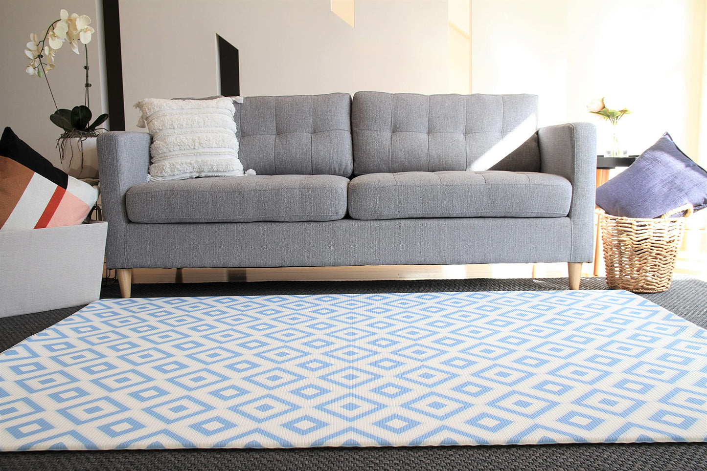 Cushmat Stylish Reversible Foam Play Mat (Large, Palm Gray - Blue Diamonds) - Soft, Waterproof, Durable Play Mat For Infants, Ba