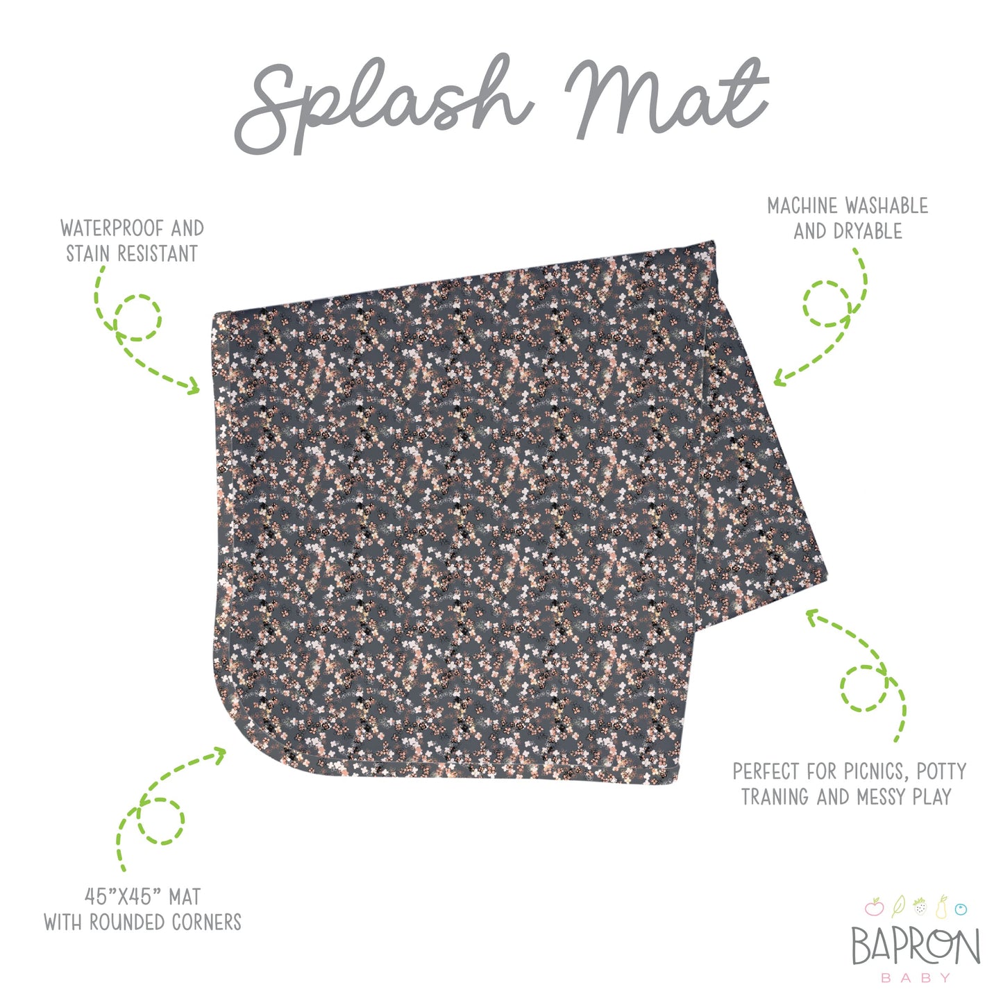 Bapronbaby Ditsy Floral Splash Mat - Waterproof Catch-All For Under High Chairs, Floors, Tables, Playtime Or Arts & Crafts - Mac