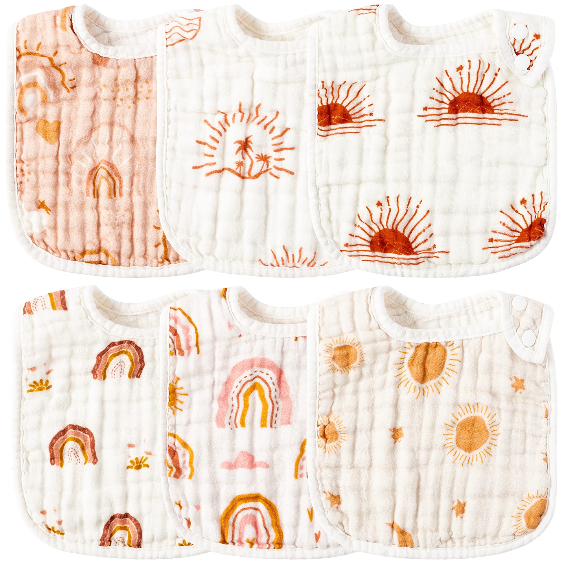 Zainpe 6Pcs Snap Muslin Cotton Bibs For Baby Rainbow Sun Star Bib Adjustable Feeding Bib Machine Washable Unisex Burp Cloths Wit