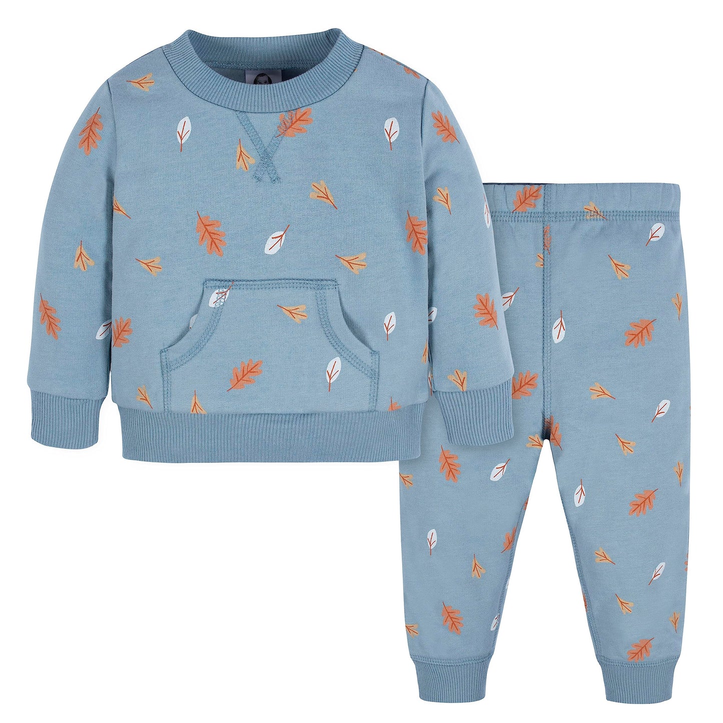 Gerber Baby Boys Toddler 2-Piece Fleece Sweatshirt And Jogger Set, Blue Leaves, 12 Months
