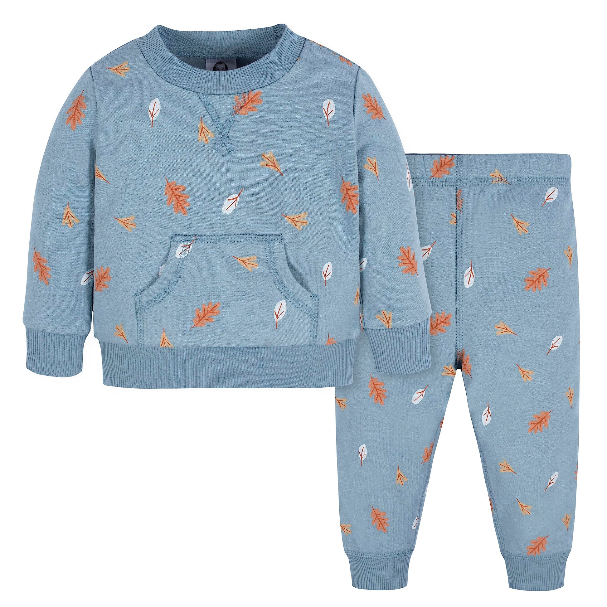 Gerber Baby Boys Toddler 2-Piece Fleece Sweatshirt And Jogger Set, Blue Leaves, 12 Months