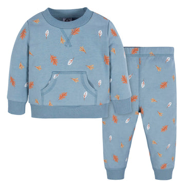 Gerber Baby Boys Toddler 2-Piece Fleece Sweatshirt And Jogger Set, Blue Leaves, 12 Months