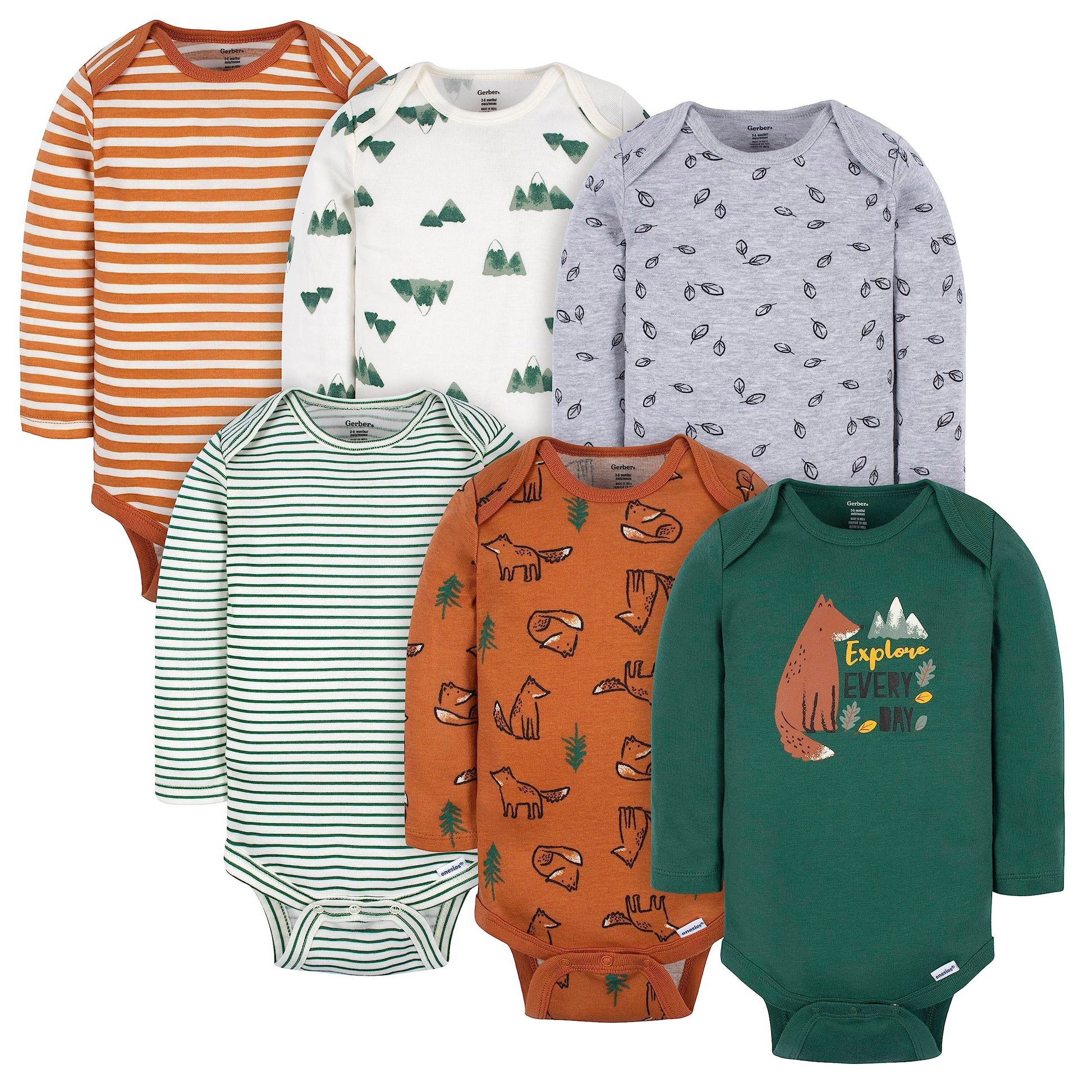 Gerber Baby Boy'S 6-Pack Long-Sleeve Onesies Bodysuit, Green Fox, 6-9 Months
