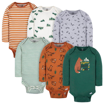 Gerber Baby Boy'S 6-Pack Long-Sleeve Onesies Bodysuit, Green Fox, 6-9 Months