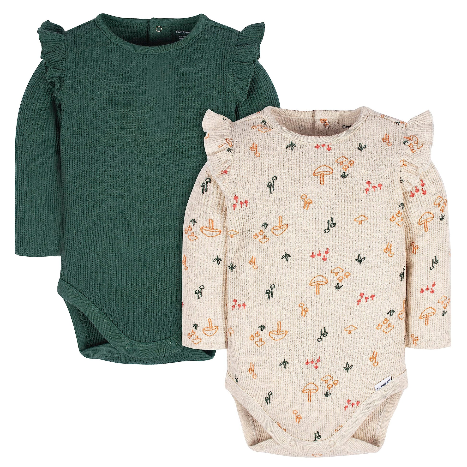 Gerber Baby Girl'S 2-Pack Long Ruffle Sleeve Onesies, Mushrooms