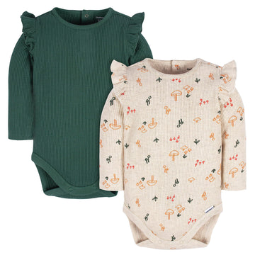 Gerber Baby Girl'S 2-Pack Long Ruffle Sleeve Onesies, Mushrooms