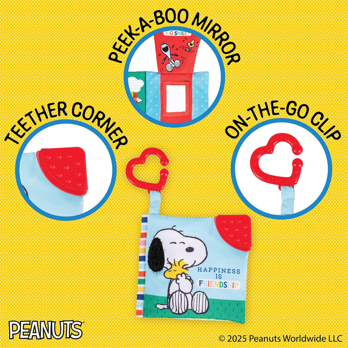 Kids Preferred Peanuts Snoopy Baby Stuff Fun Crinkle Book with On The Go Travel Clip Teether Soft Sensory Book for Babies & Todd
