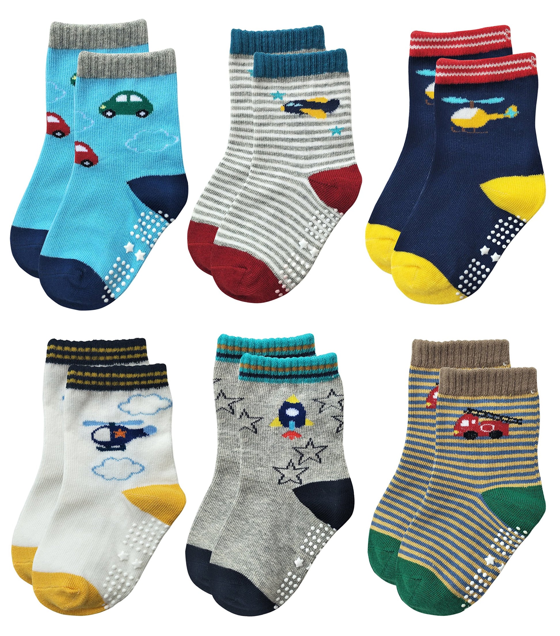 Rative Non Skid Anti Slip Slipper Cotton Crew Socks With Grips For Baby Toddlers Kids Boys (6-12 Months, 6-Pairs/Rb-711)