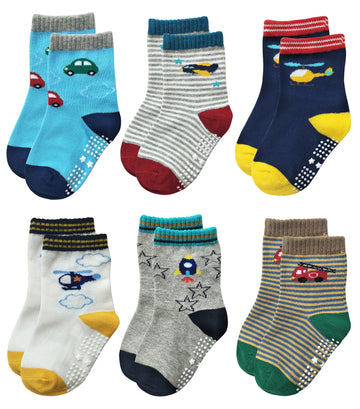 Rative Non Skid Anti Slip Slipper Cotton Crew Socks With Grips For Baby Toddlers Kids Boys (6-12 Months, 6-Pairs/Rb-711)