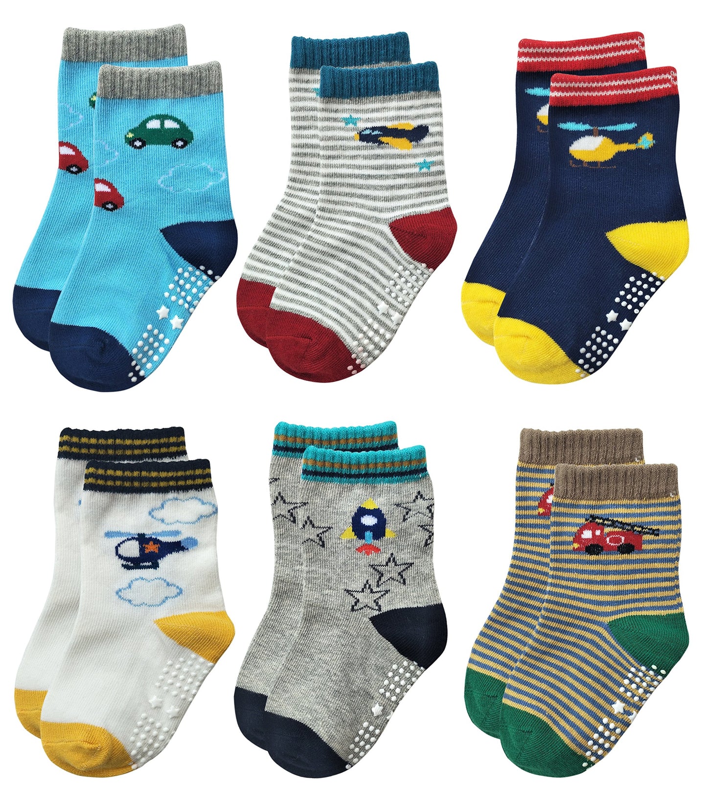 Rative Non Skid Anti Slip Slipper Cotton Crew Socks With Grips For Baby Toddlers Kids Boys (3-5T, 6-Pairs/Rb-711)