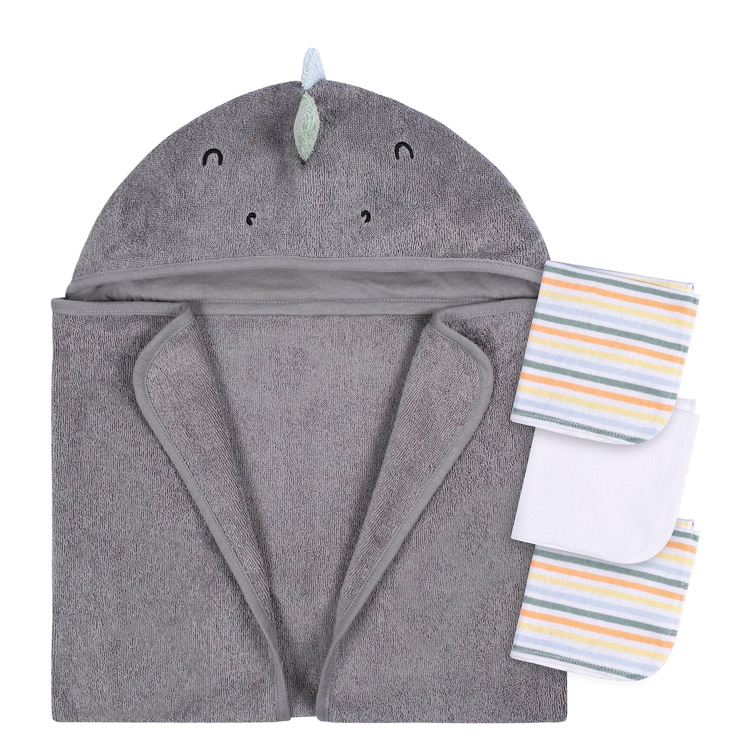 Gerber Baby 4 Piece Animal Character Hooded Towel And Washcloth Set, Charcoal Dino, One Size