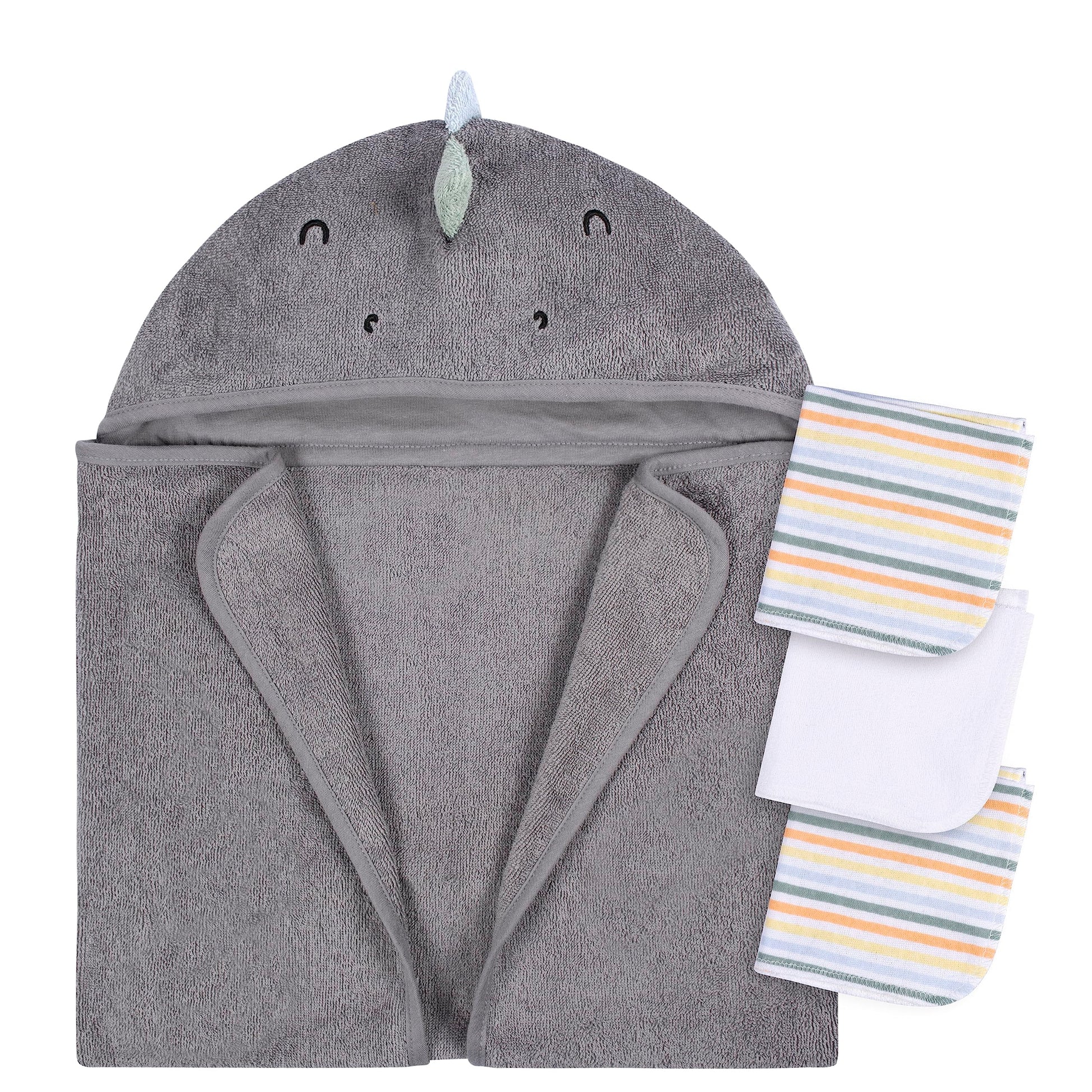 Gerber Baby 4 Piece Animal Character Hooded Towel And Washcloth Set, Charcoal Dino, One Size