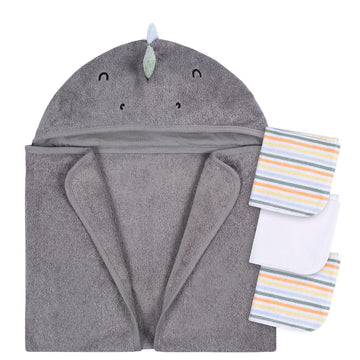 Gerber Baby 4 Piece Animal Character Hooded Towel And Washcloth Set, Charcoal Dino, One Size