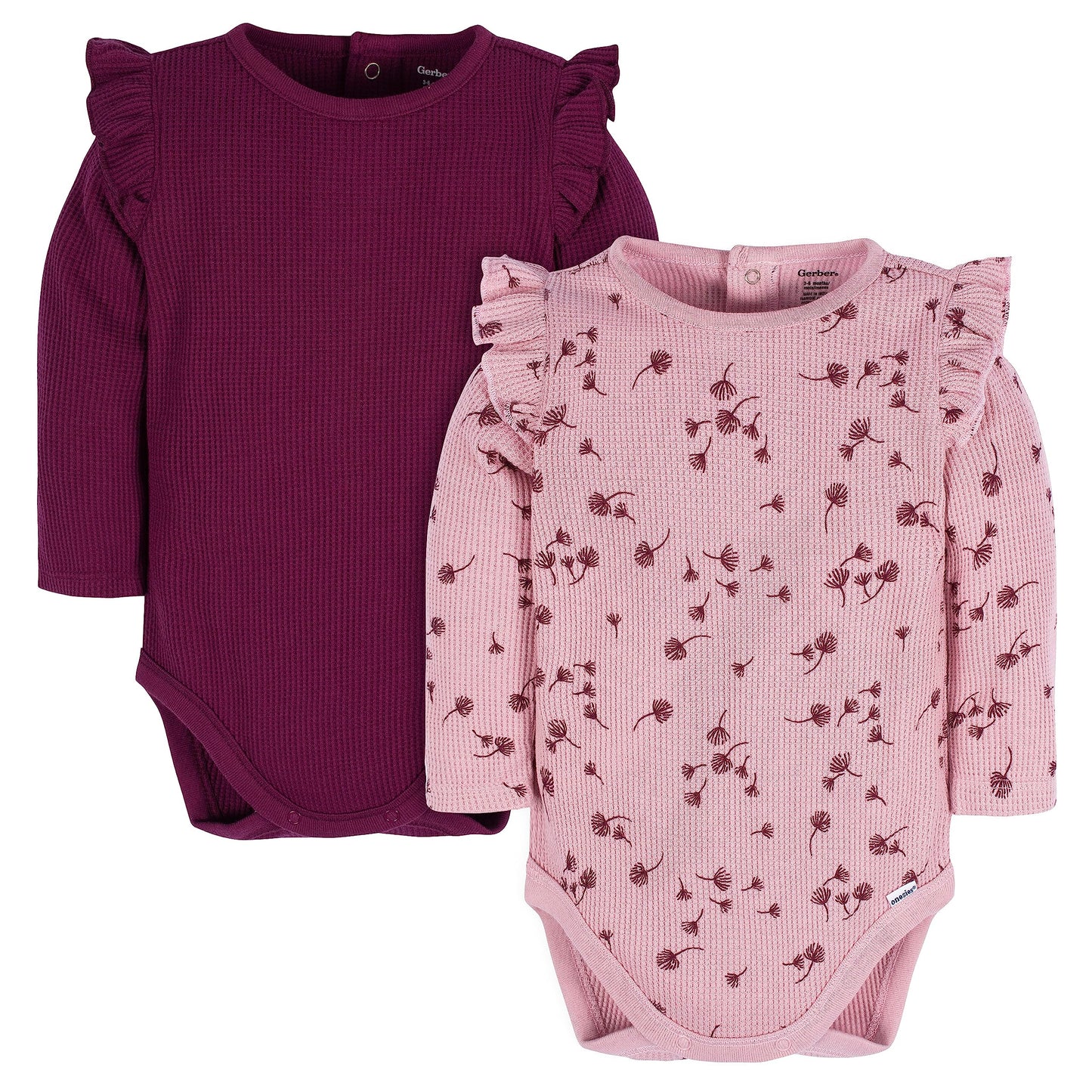 Gerber Baby Girl'S 2-Pack Long Ruffle Sleeve Onesies, Dandelions
