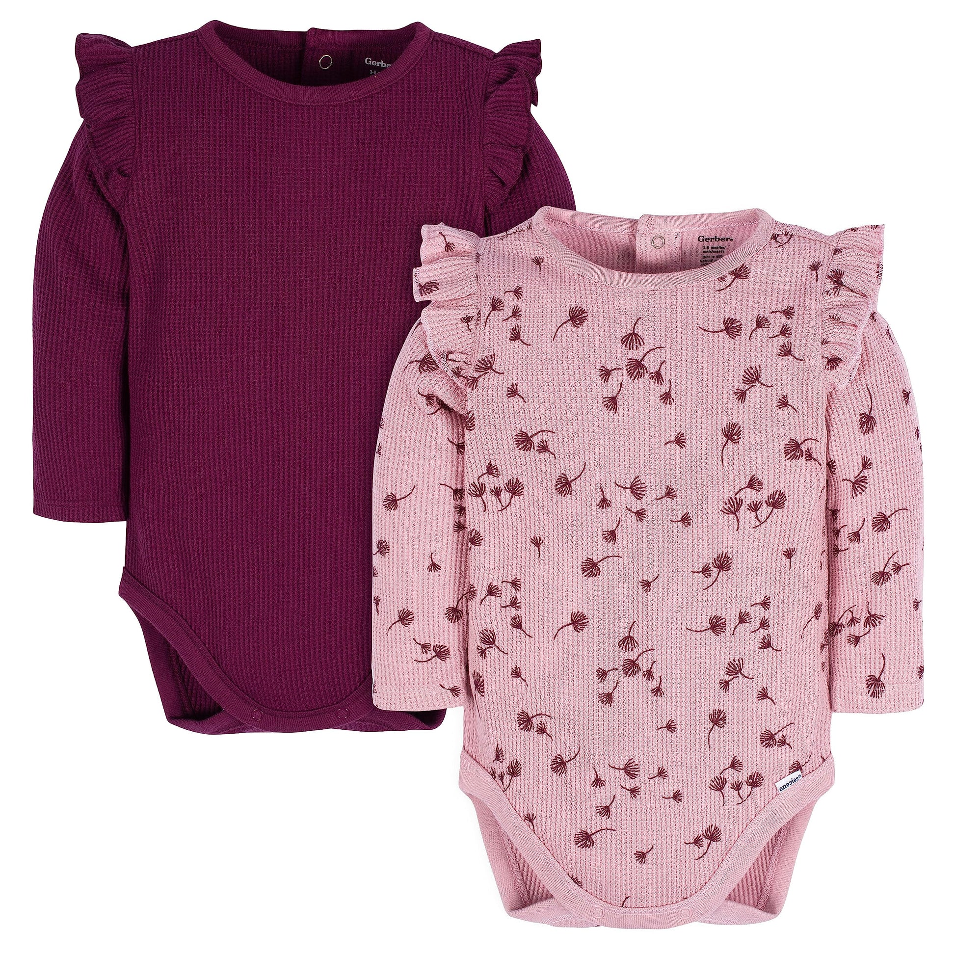 Gerber Baby Girl'S 2-Pack Long Ruffle Sleeve Onesies, Dandelions