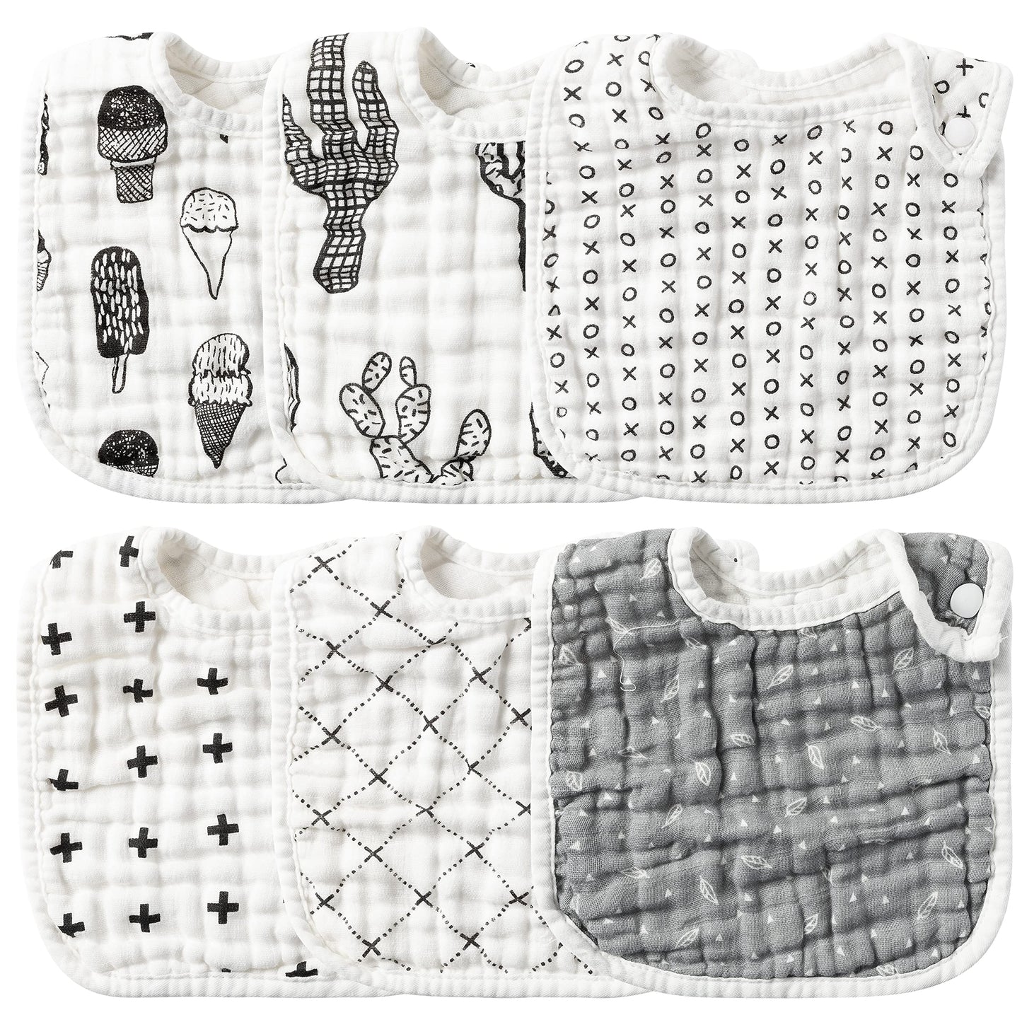 Zainpe 6Pcs Snap Muslin Cotton Baby Bibs Ice Cream Cactus Pattern Black Infants Feeding Bib Adjustable Machine Washable Unisex B