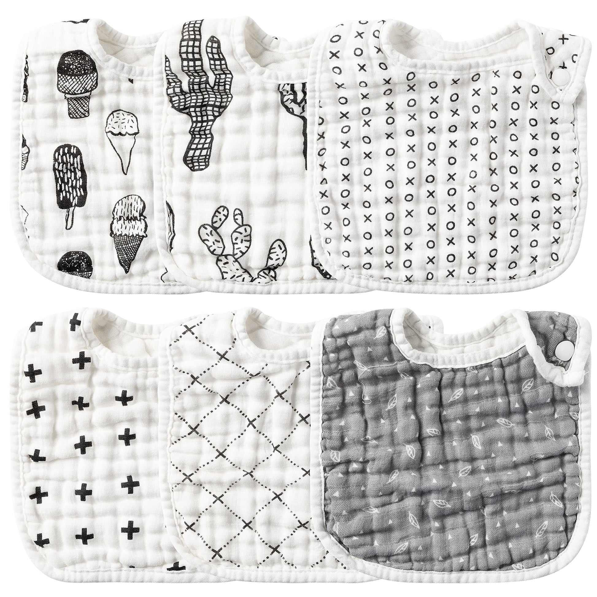 Zainpe 6Pcs Snap Muslin Cotton Baby Bibs Ice Cream Cactus Pattern Black Infants Feeding Bib Adjustable Machine Washable Unisex B