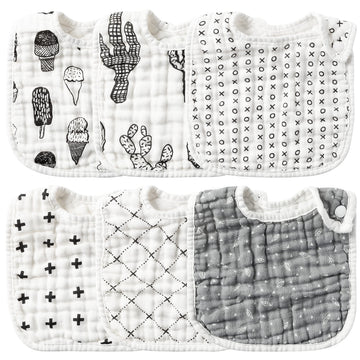 Zainpe 6Pcs Snap Muslin Cotton Baby Bibs Ice Cream Cactus Pattern Black Infants Feeding Bib Adjustable Machine Washable Unisex B
