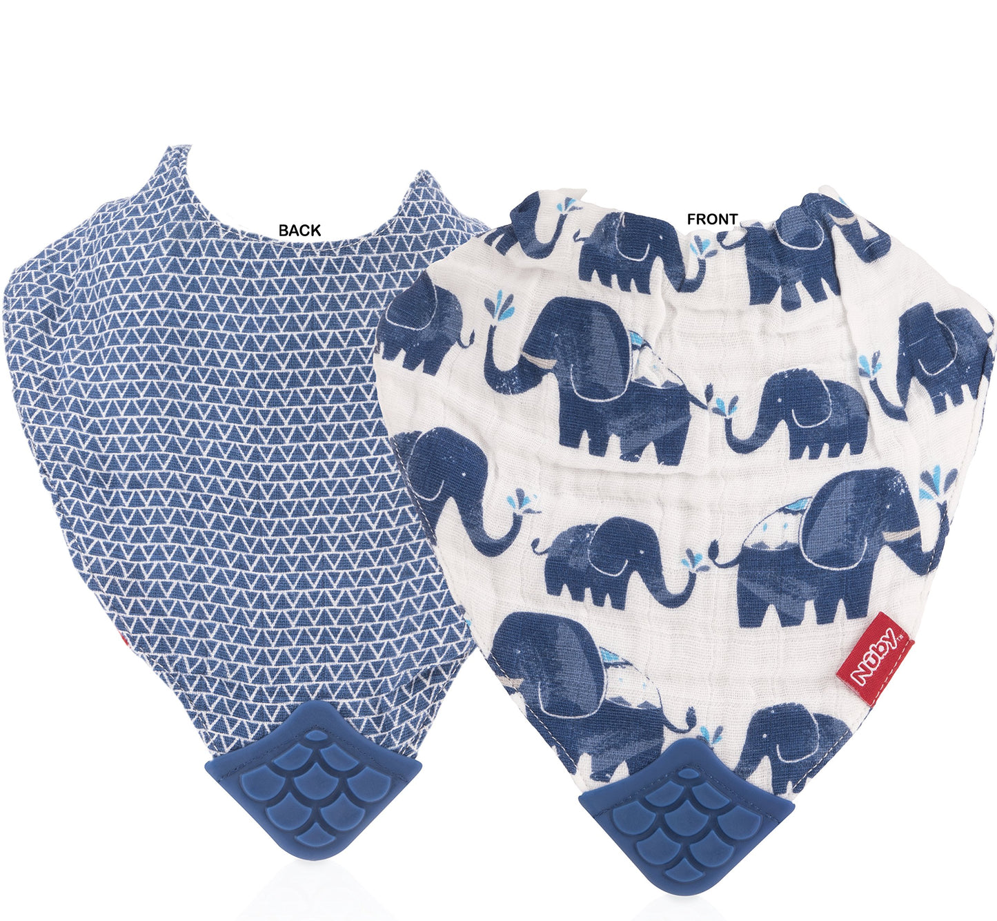 Nuby Reversible 100% Natural Cotton Muslin 3 Piece Teething Bib, Grey/Red/Blue, Arrows/Red Stripes/Elephants