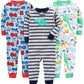 Simple Joys By Carter'S Baby Boys' 3-Pack Snug Fit Footless Cotton Pajamas, Blue Firetruck/Grey Stripe/White Dinosaur, 3T