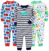 Simple Joys By Carter'S Baby Boys' 3-Pack Snug Fit Footless Cotton Pajamas, Blue Firetruck/Grey Stripe/White Dinosaur, 3T
