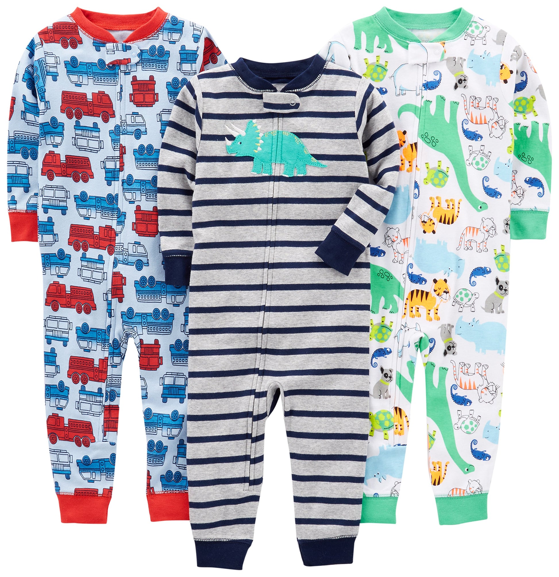 Simple Joys By Carter'S Baby Boys' 3-Pack Snug Fit Footless Cotton Pajamas, Blue Firetruck/Grey Stripe/White Dinosaur, 3T